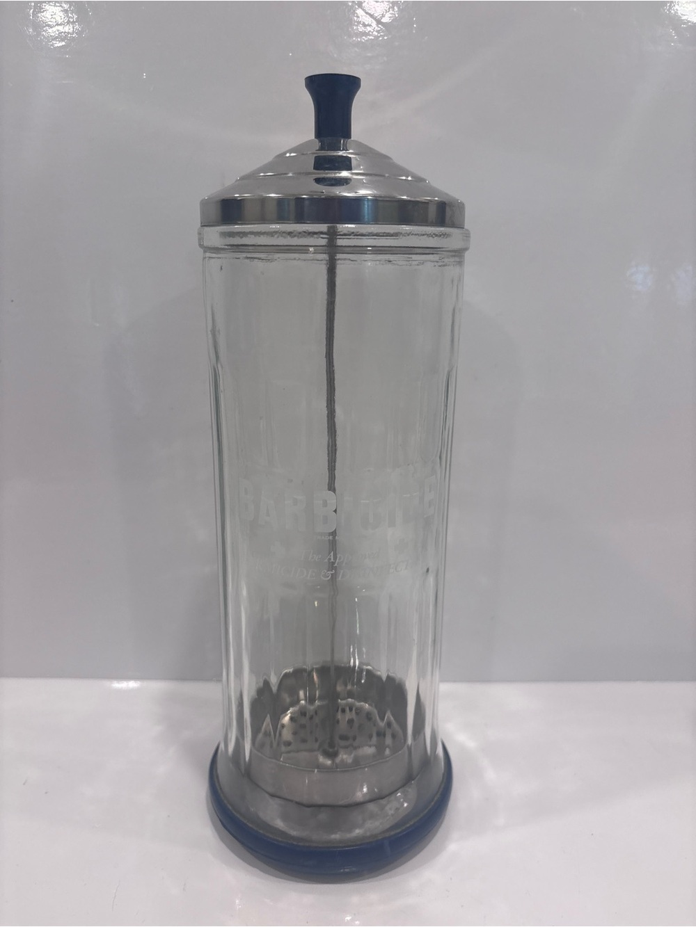Vintage Barbicide glass barber disinfectant jar w complete stainless lid &basket